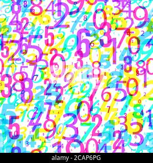 Mathematics background - different numbers in random pattern. Colorful school pattern for children. Multicolor math background for kids. Seamless abst Stock Vector