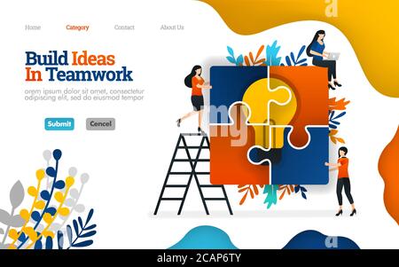 Build Ideas in Team Work, assembling puzzles for inspiration, teamwork for ideas. Vector flat illustration concept , can use for, landing page, templa Stock Vector