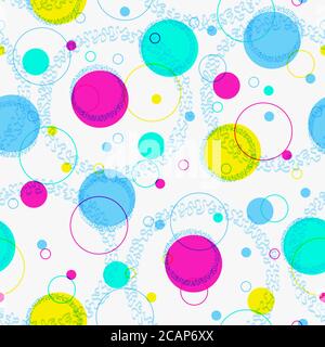 Abstract geometic background, festive pattern with different geometric shapes. Bright and vivid colors of 80s, 90s neon style. Seamless vector pattern Stock Vector