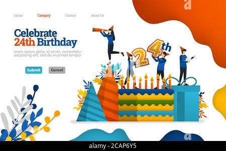 Celebrate birthdays, celebration days, 24th anniversary. birthday cake and equipment. Vector flat illustration concept, can use for, landing page, tem Stock Vector