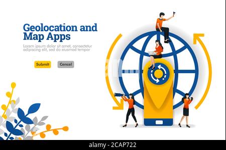 GeoLocation and Maps apps for traveling, holidays and trips vector illustration concept can be use for, landing page, template, ui ux, web, mobile app Stock Vector