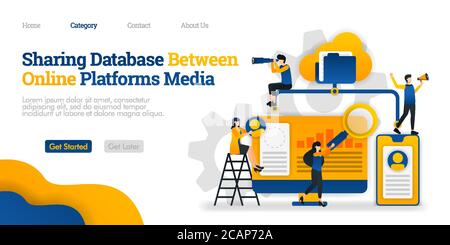 Sharing Database Between Online Media Platforms. access files from through many platforms. Vector flat illustration concept, can use for, landing page Stock Vector