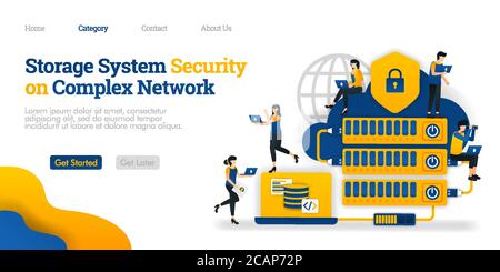 Storage System Security in Complex Network. hosting made complicated for data security. Vector flat illustration concept, can use for, landing page, t Stock Vector