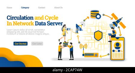Circulation and Cycle in Data Server. overview of network communication data from a phone. Vector flat illustration concept, can use for, landing page Stock Vector
