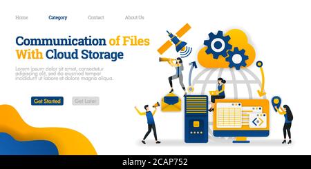 Communication of File With Cloud Storage between personal device, storage and satellite. Vector flat illustration concept, can use for, landing page, Stock Vector