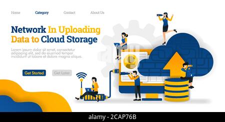Network in Uploading data to Cloud Storage. upload data on  database to cloud for sharing. Vector flat illustration concept, can use for, landing page Stock Vector