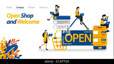 Open Sign Displayed on the Store Front. Mobile E-commerce Icon for Business and Technology. Flat Icon Style Suitable for Web Landing Page, Banner, Fly Stock Vector