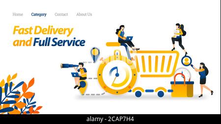 Design Fast Delivery and Full Service With Pin, Stopwatch, Shopping trolley and basket. Vector Illustration Flat Icon Style Suitable for Web Landing P Stock Vector