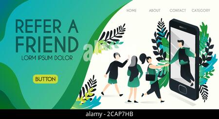 Refer a friend vector illustration concept, the person coming out of the smartphone screen is grabbing the hands of people with refer a friend word, , Stock Vector