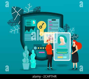 flat cartoon character. vector illustration for security, technology. people who trying to log in to smartphone account. security shield with key read Stock Vector