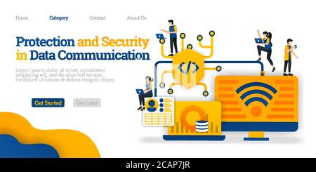 Protection and Security in Data communication. protect data sharing path for user security. Vector flat illustration concept, can use for, landing pag Stock Vector