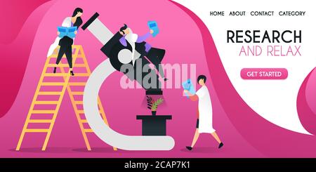 group of scientists who are researching plants on a large microscope vector illustration concept, can be use for presentation, web, banner ui ux, land Stock Vector