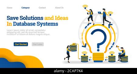 Save Solutions and Ideas in Database System. find solutions and store them in database. Vector flat illustration concept, can use for, landing page, t Stock Vector
