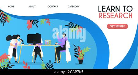learn to research in laboratory. scientists are studying on the table with computers and microscopes, vector template background isolated, can be use Stock Vector