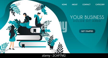 vector graphic elements. Group of people who are gathering several books but are on the internet concept, can be use for presentation, web design, ban Stock Vector