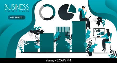 chart tables and statistics. frame for writing. the man who sits above the bar chart and the woman who works below can be use for presentation, web de Stock Vector