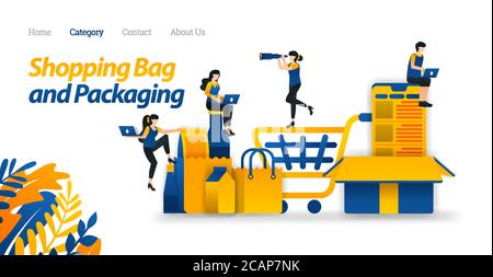 Shopping Cart to Transport Goods in Online Stores and Various Packaging Design Models. Vector Illustration, Flat Icon Style Suitable for Web Landing P Stock Vector