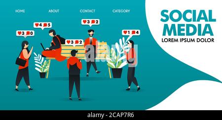 flat cartoon character. vector illustration for technology, application, social media, network. people who active at park but pay attention to social Stock Vector