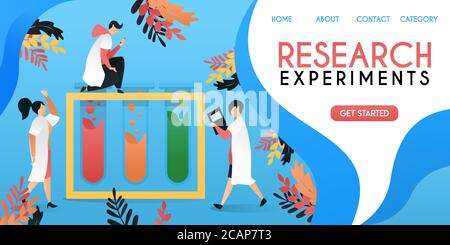research and experiment laboratory. the scientist is examining the liquid in the vessel jar, vector template background isolated, can be use for prese Stock Vector