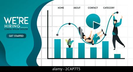 people or businessman play and hang on bar or line chart, pie chart . with inscription we're hiring and green gradation background . Vector illustrati Stock Vector