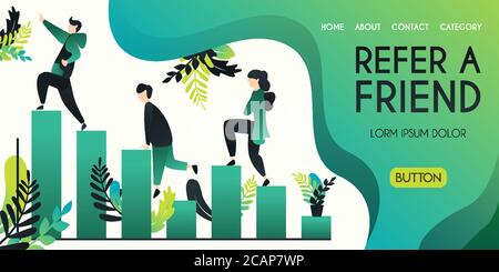 Refer a friend vector illustration concept, group of people climbing and climbing char bar statistics with refer a friend word , can use for, landing Stock Vector