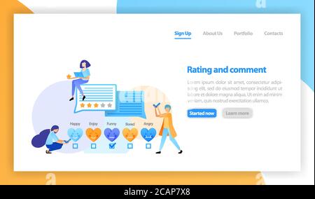 vector flat illustration for web, banner, landing page, mobile. people leave feedback and comments, love emoticon rating, giving a 5 star and love for Stock Vector