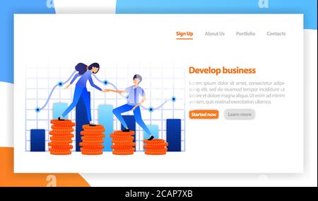 business solution innovative ideas, investment. Financial strategy diagram graph chart.  Teamwork in achieving profits, career growth. flat vector ill Stock Vector