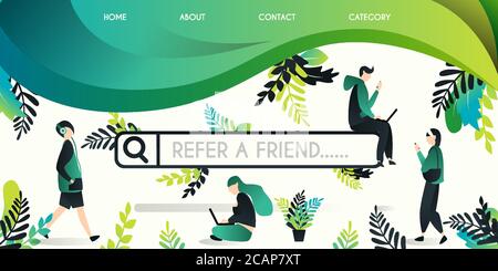Refer a friend vector illustration concept, group of people who move around the search engine with refer a friend word , can use for, landing page, te Stock Vector