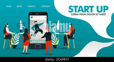 flat cartoon character. vector illustration for technology, startup, application, entertainment, mobile. people discussing about application. programm Stock Vector
