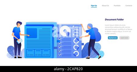 organize and tidy up paper documents of company's financial data chart into folder for administration. flat illustration concept for landing page, web Stock Vector