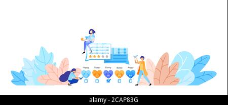 give likes, ratings, emoticons and feedback. include testimonials to get better service and damage. vector illustration concept for landing page, web, Stock Vector