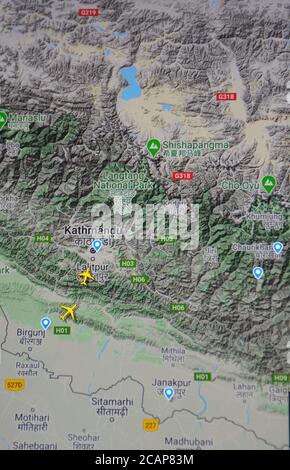 air traffic over Kathmandu aera (08 august 2020,UTC 08.56)   on Internet with Flightradar 24 site, during the Coronavirus Pandemic Stock Photo