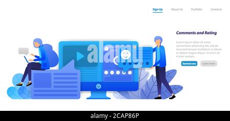 provide comments, ratings, likes and feedback to videos and status of social media influencers content. flat illustration concept for landing page, we Stock Vector
