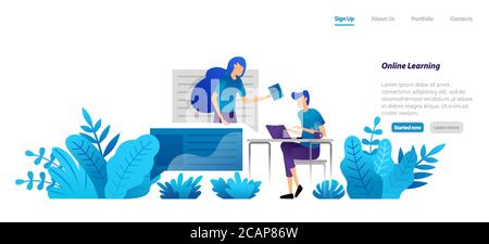 online learning from home with internet technology with professional mentors. video homeschooling. flat illustration concept for landing page, web, ui Stock Vector