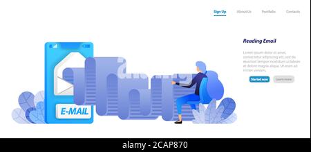 read email rolls. mobile mail apps with envelopes. women are sitting and reading modern communication. flat illustration concept for landing page, web Stock Vector