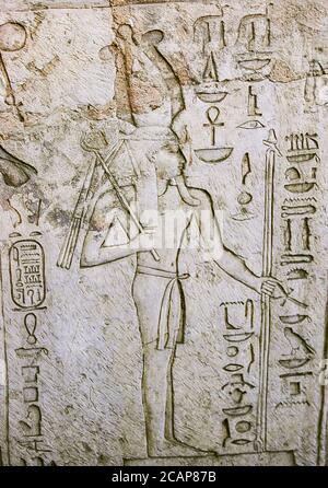 Egypt, Nile Delta, Royal Necropolis of Tanis, tomb of Chechonq III, Western wall, lower register : Offerings to the god  Sokaris (Sokar-Osiris). Stock Photo