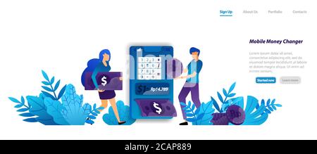Easy modern Mobile Money changer apps design, isometric dollars and money, online banking service concept. flat illustration concept for landing page, Stock Vector