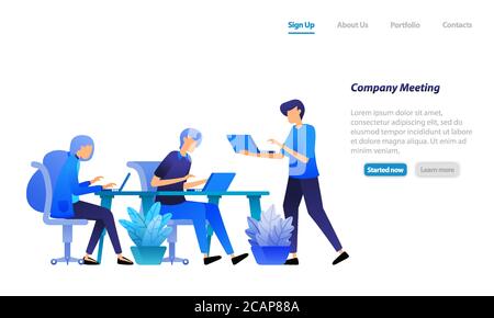 employees gathering to start meeting. discuss company problems to search and find solution. Business vector illustration concept for landing page, web Stock Vector