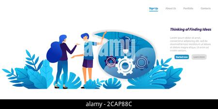 concept of the mechanism of thinking and finding ideas, communication and dialogue for inspiration. flat illustration concept for landing page, web, u Stock Vector