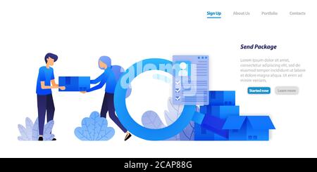 deliver packages to customers. distributing e-commerce products with full customer data protection. flat illustration concept for landing page, web, u Stock Vector