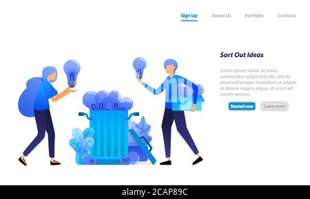 pick and choose the best idea, through bad ideas into the trash, gather ideas and thoughts. Business vector illustration concept for landing page, web Stock Vector