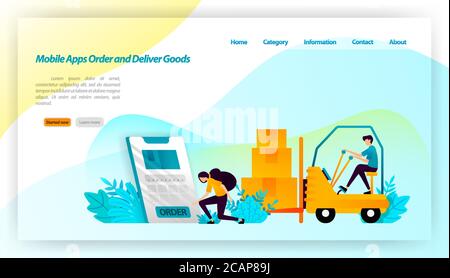 Mobile apps Order and Deliver Goods. ordering packages from online store is deliver to warehouse and consumer. transportation equipment illustration c Stock Vector