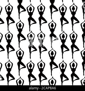 Black and white pattern with female silhouettes in tree pose asana. Seamless ornament for yogi content. Background, wallpaper, presentation, template Stock Vector