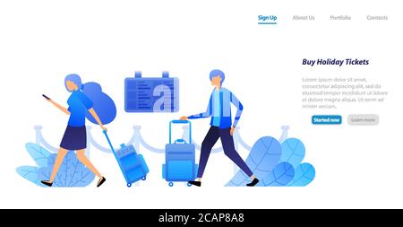 people hold suitcases waiting and queuing to buy flights departure tickets for holidays and tours. vector illustration concept for landing page, web, Stock Vector