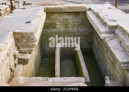 Egypt, Nile Delta, Royal Necropolis of Tanis, tomb of Chechonq III : Inscribed walls and sarcophagus. Stock Photo