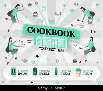 green vector illustration concept. cookbook recipes recipes cover book.  healthy cooking recipe and delicious food cover can be for, magazine, cover, Stock Vector