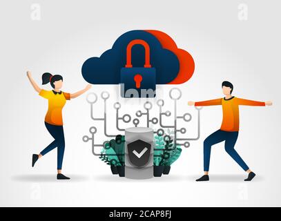 flat cartoon character. cloud storage is protected from viruses and hacking to maintain servers and databases. database security use firewall and netw Stock Vector