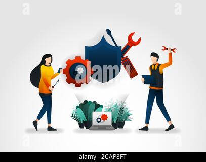 flat cartoon character. people are repairing and maintaining security systems with tools and shields. to improve security surveillance, security servi Stock Vector