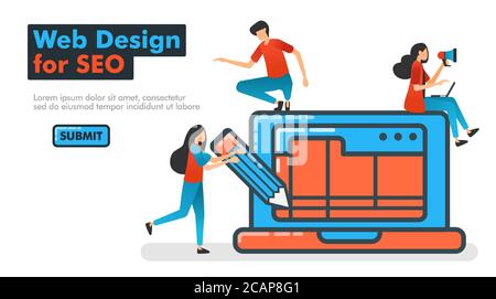 Web Design for SEO line vector illustration. web designing with software and applications on laptops with pencil and wireframe to optimize SEO on sear Stock Vector