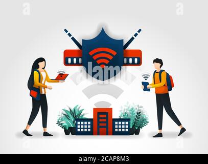 Vector illustration concept. students are accessing internet safely using a wifi network and shield. network security check securing wifi with help of Stock Vector